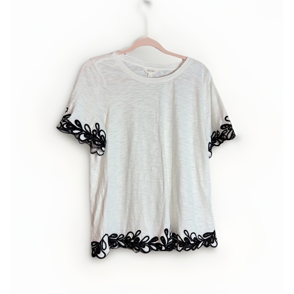 Per Una Woman's Short Sleeve Ivory Crew Neck Top Size 10 Embroidered Hem